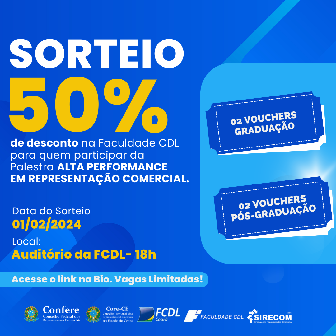 Parceria entre Core do Ceará e Faculdade CDL oferece 50% de desconto em cursos para participantes da palestra Alta Performance em Representação Comercial