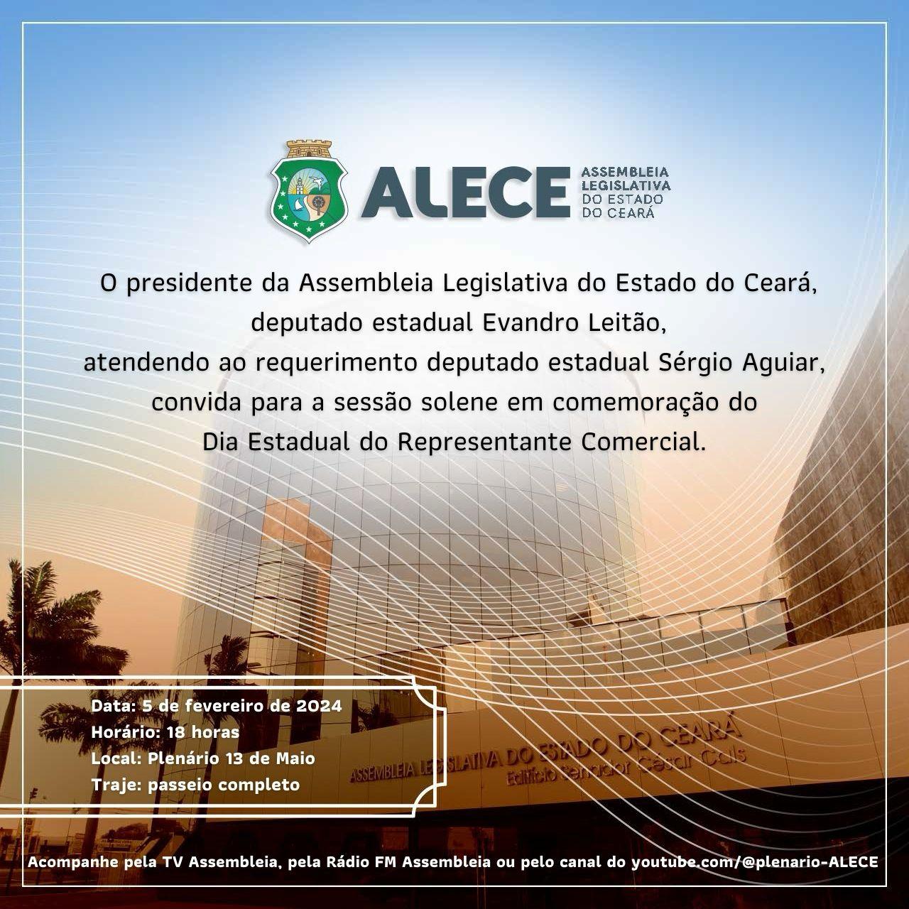 Sessão Solene: Representantes Comerciais serão homenageados em celebração ao Dia Estadual do Representante Comercial na Assembleia Legislativa do Estado do Ceará  